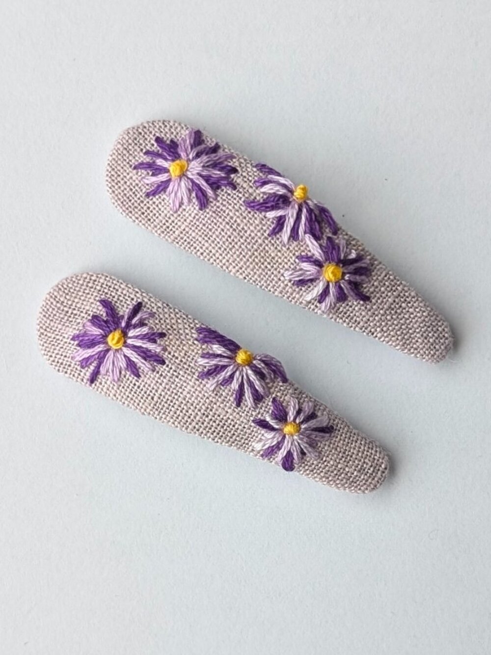 New Purple Daisy Duo hand embroidered linen cotton small dainty hair clips